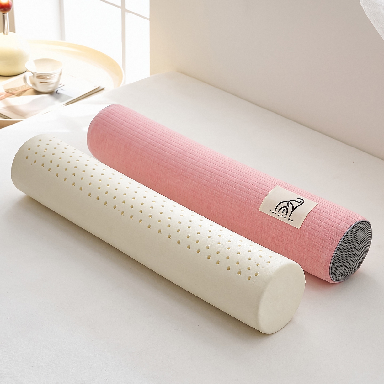 91家纺网 家纺一手货源 找家纺 鼎盛乳胶 2025新款多功能条纹乳胶圆柱枕枕头腰枕 亲肤棉粉 60x10cm/只