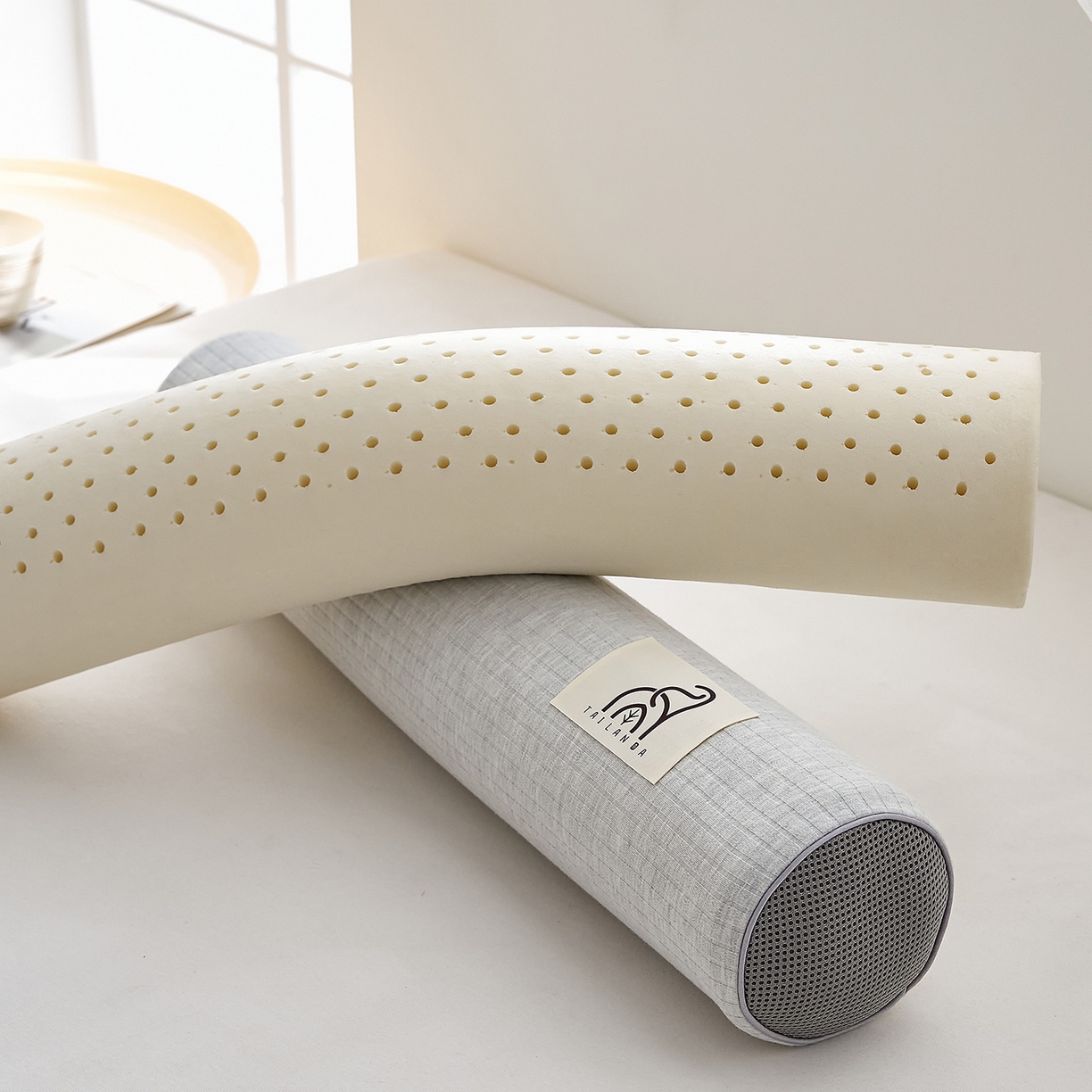 91家纺网 家纺一手货源 找家纺 鼎盛乳胶 2025新款多功能条纹乳胶圆柱枕枕头腰枕 亲肤棉灰 60x10cm/只