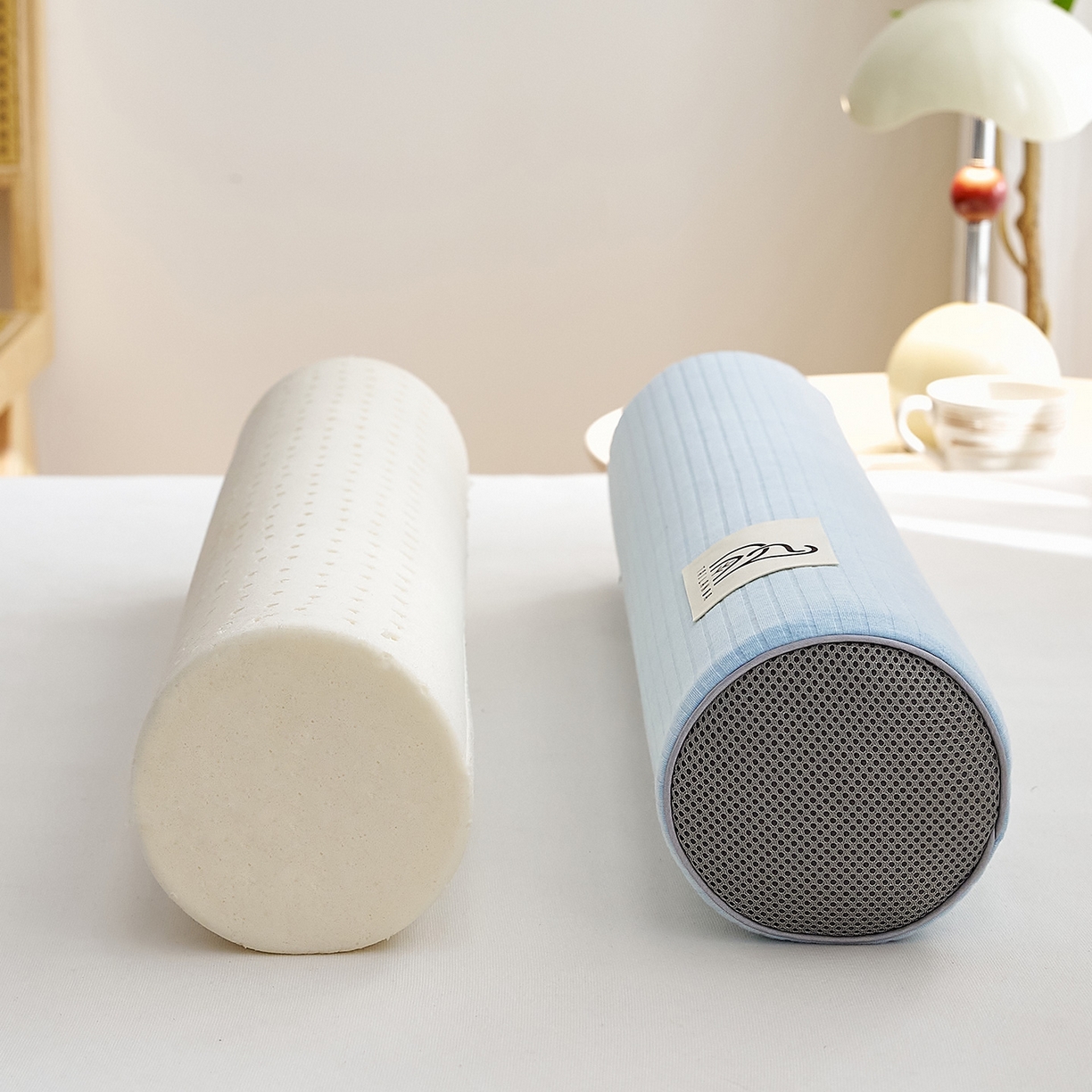 91家纺网 家纺一手货源 找家纺 鼎盛乳胶 2025新款多功能条纹乳胶圆柱枕枕头腰枕 亲肤棉蓝 50x10cm/只