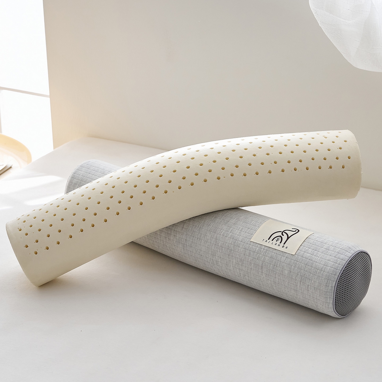 91家纺网 家纺一手货源 找家纺 鼎盛乳胶 2025新款多功能条纹乳胶圆柱枕枕头腰枕 亲肤棉灰 60x12cm/只