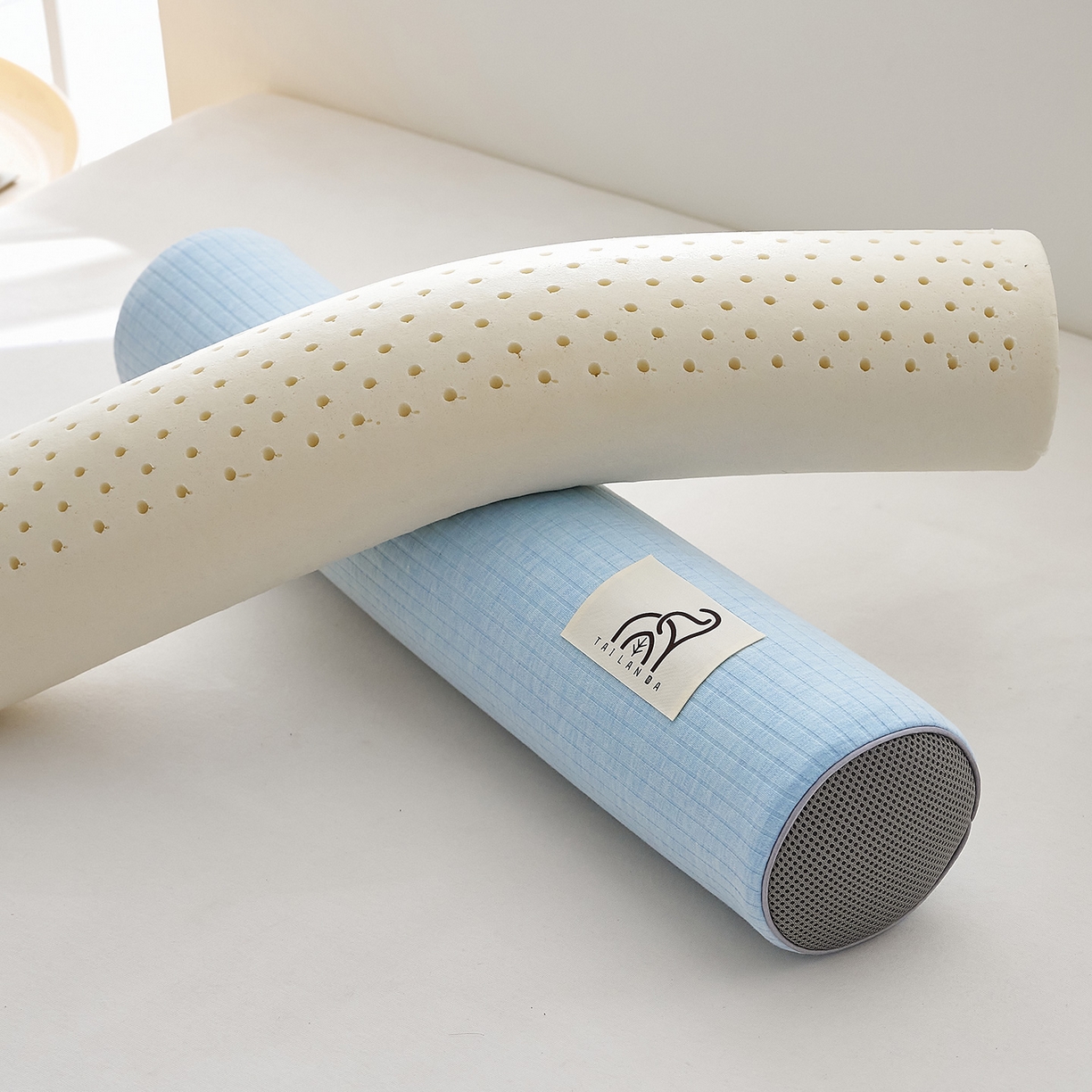 91家纺网 家纺一手货源 找家纺 鼎盛乳胶 2025新款多功能条纹乳胶圆柱枕枕头腰枕 亲肤棉蓝 50x10cm/只