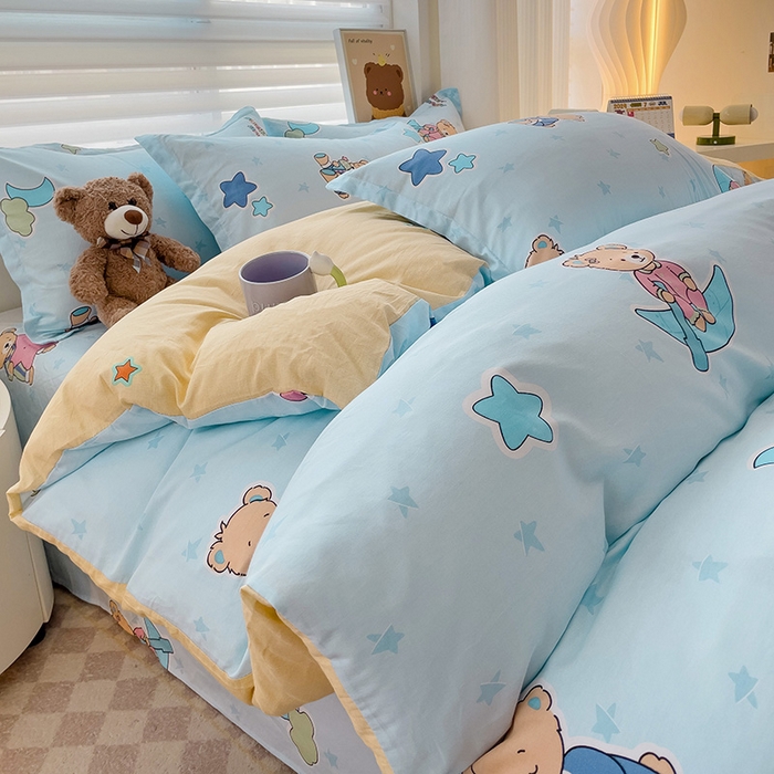 91家纺网 家纺一手货源 找家纺 纽缦家纺 2025新款全棉纯棉斜纹印花四件套 星星小熊