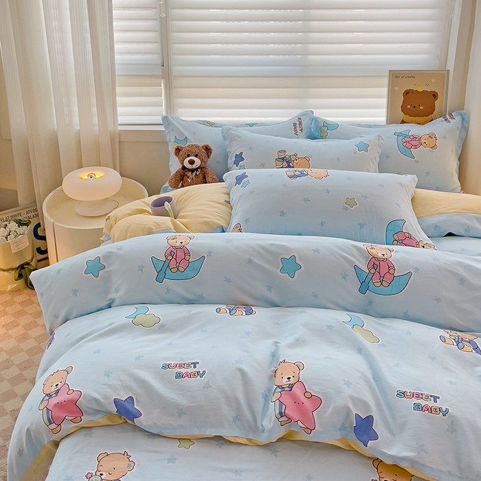 91家纺网 家纺一手货源 找家纺 纽缦家纺 2025新款全棉纯棉斜纹印花四件套 星星小熊