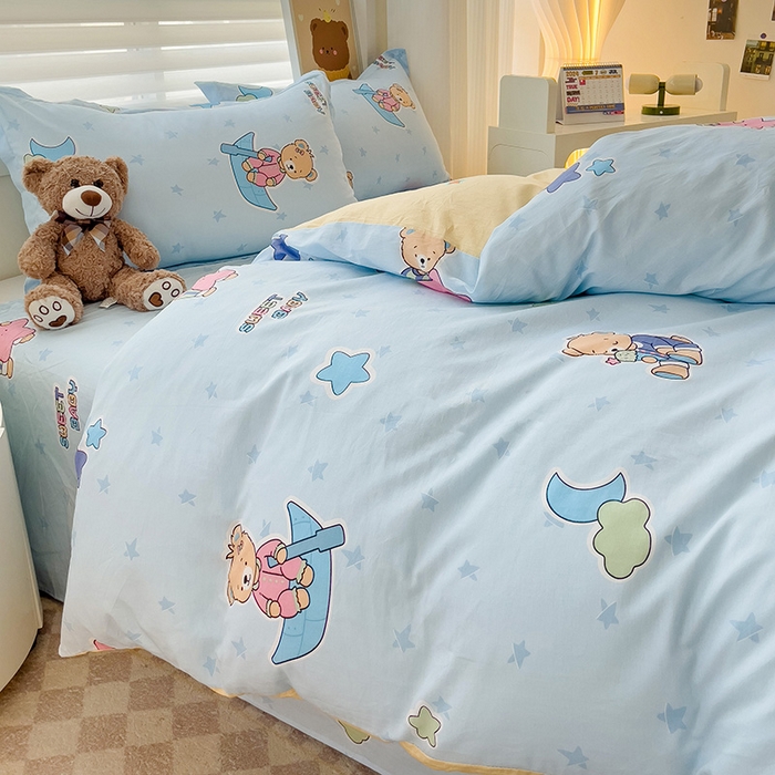 91家纺网 家纺一手货源 找家纺 纽缦家纺 2025新款全棉纯棉斜纹印花四件套 星星小熊