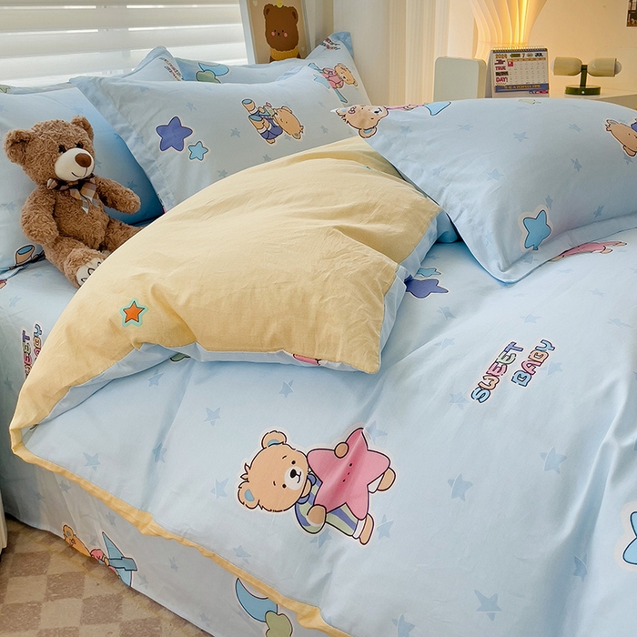 91家纺网 家纺一手货源 找家纺 纽缦家纺 2025新款全棉纯棉斜纹印花四件套 星星小熊