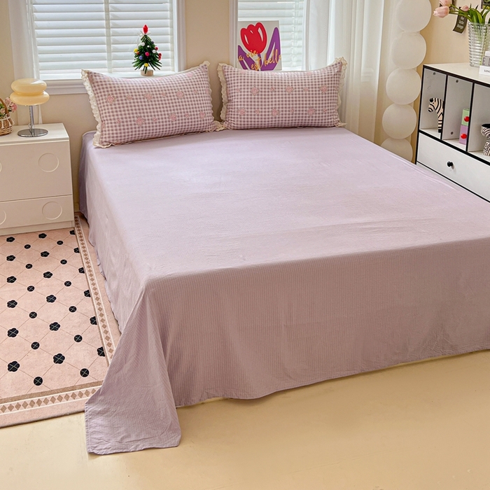 91家纺网 家纺一手货源 找家纺 一比一家纺 2025新款云感皱皱纱全棉花边款夏被四件套【控价109元】芋泥紫小格