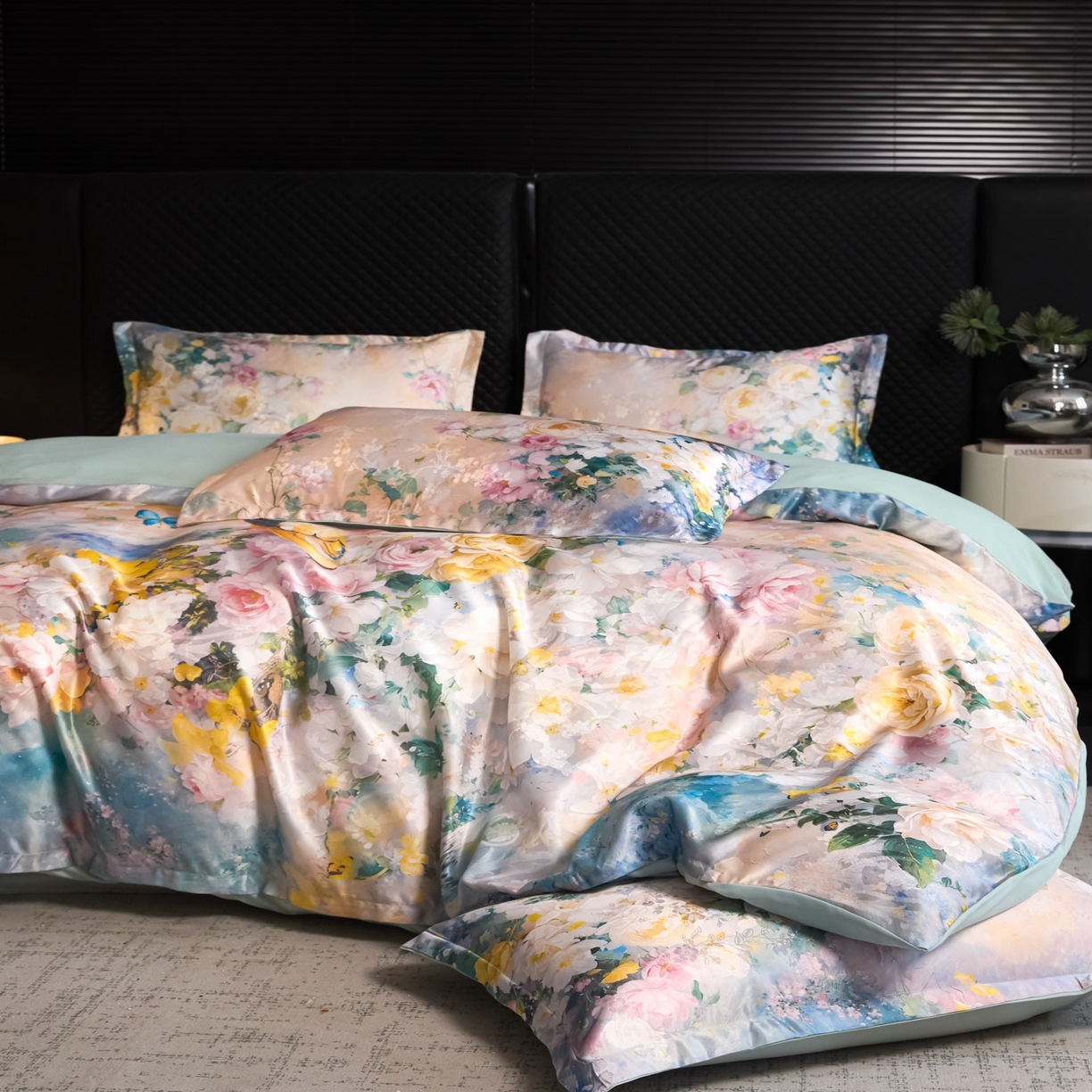 91家纺网 家纺一手货源 找家纺 莱欧纳家纺 2025新款轻奢提花印花四件套 花伊梦-蓝