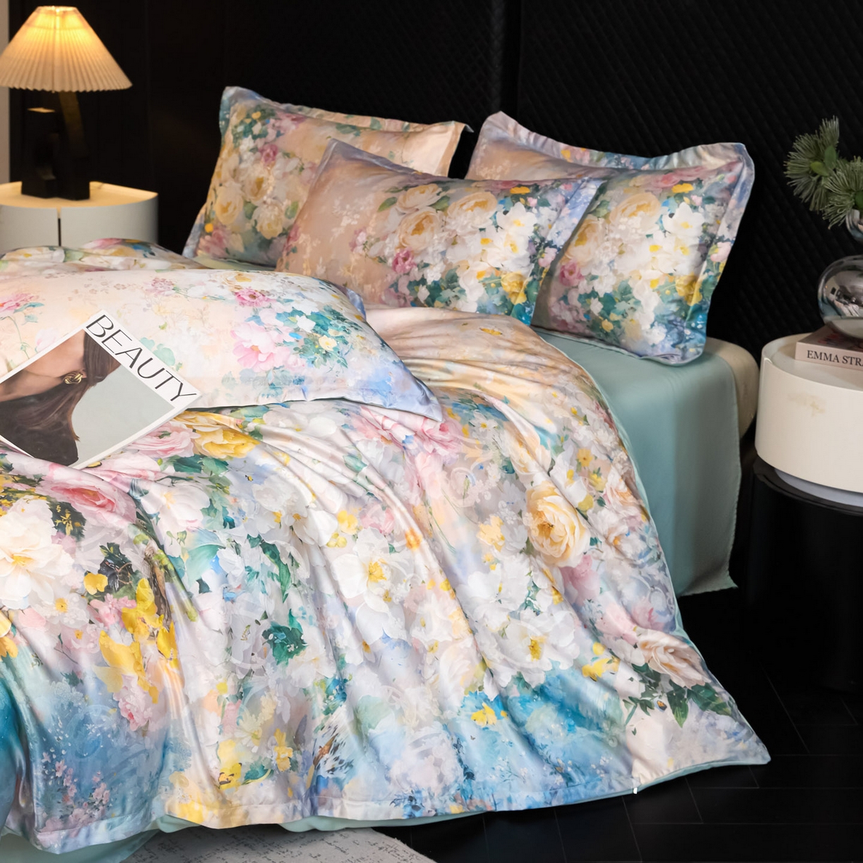 91家纺网 家纺一手货源 找家纺 莱欧纳家纺 2025新款轻奢提花印花四件套 花伊梦-蓝