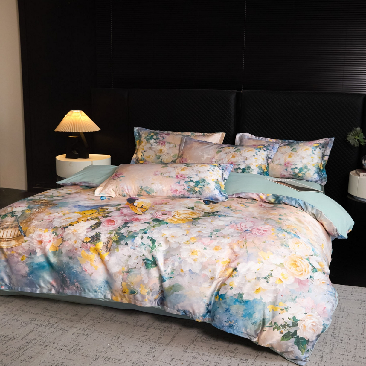 91家纺网 家纺一手货源 找家纺 莱欧纳家纺 2025新款轻奢提花印花四件套 花伊梦-蓝