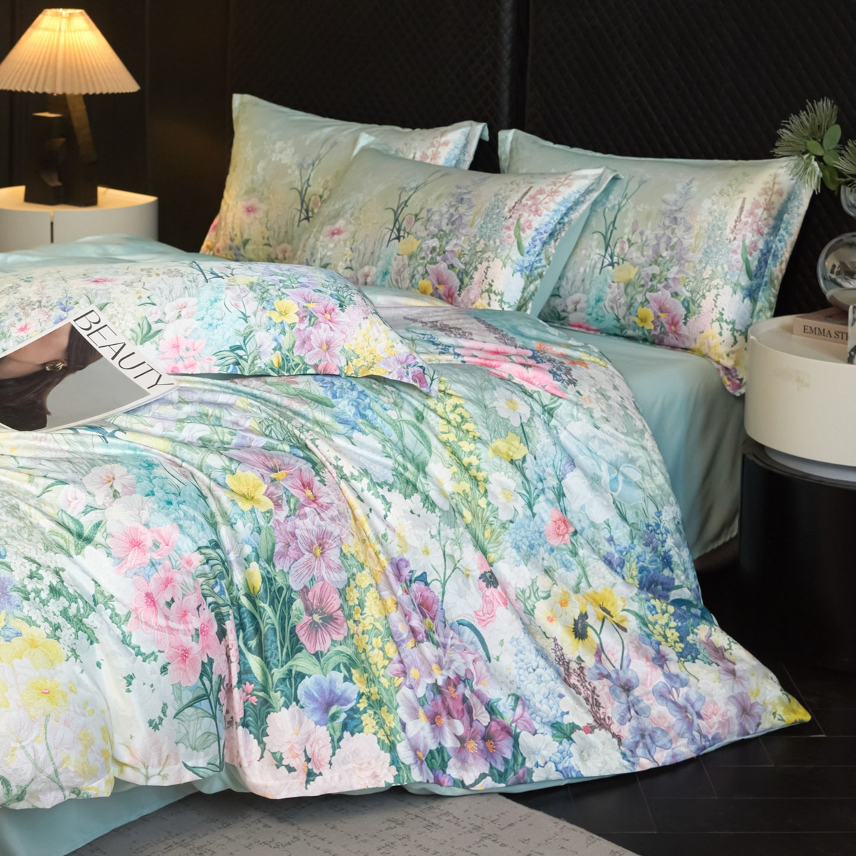 91家纺网 家纺一手货源 找家纺 莱欧纳家纺 2025新款轻奢提花印花四件套 浪漫薰衣草-绿