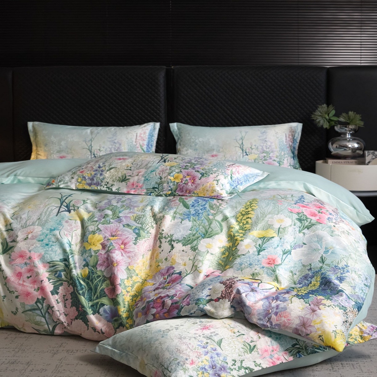 91家纺网 家纺一手货源 找家纺 莱欧纳家纺 2025新款轻奢提花印花四件套 浪漫薰衣草-绿