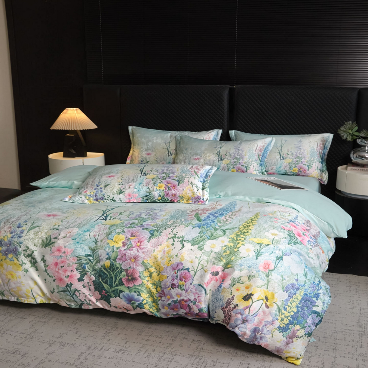 91家纺网 家纺一手货源 找家纺 莱欧纳家纺 2025新款轻奢提花印花四件套 浪漫薰衣草-绿