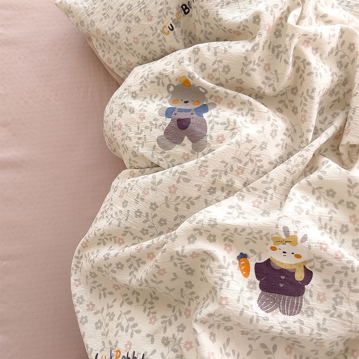 91家纺网 家纺一手货源 找家纺 优品阁 2025新款云感皱皱纱四件套 快乐小熊