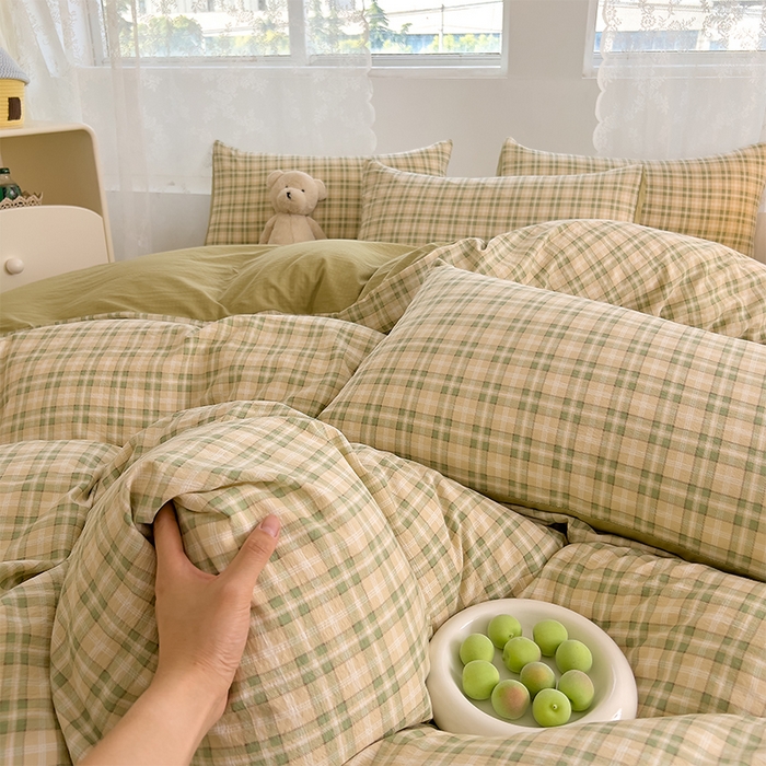 91家纺网 家纺一手货源 找家纺 优品阁 2025新款云感皱皱纱四件套 青柠格