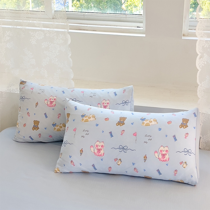 91家纺网 家纺一手货源 找家纺 优品阁 2025新款云感皱皱纱四件套 小猫时光-蓝