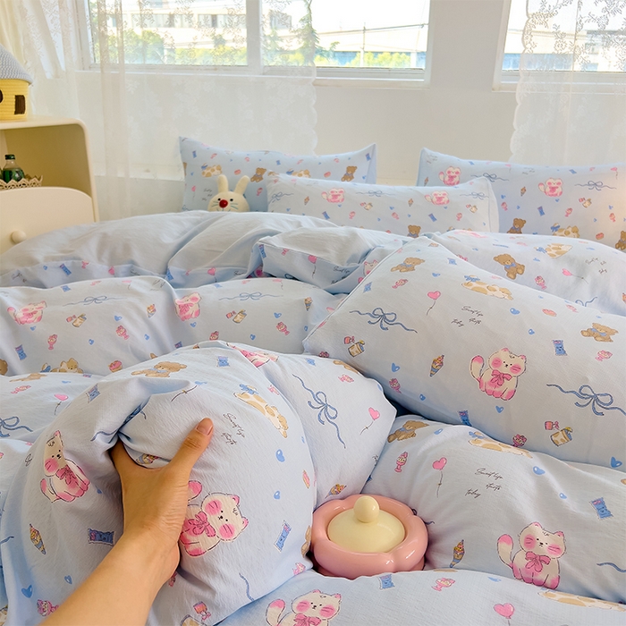 91家纺网 家纺一手货源 找家纺 优品阁 2025新款云感皱皱纱四件套 小猫时光-蓝