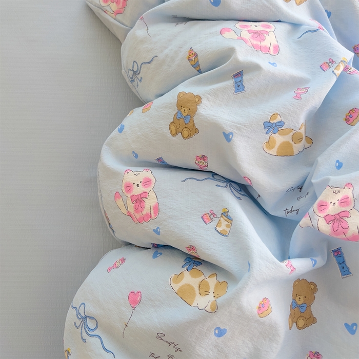 91家纺网 家纺一手货源 找家纺 优品阁 2025新款云感皱皱纱四件套 小猫时光-蓝