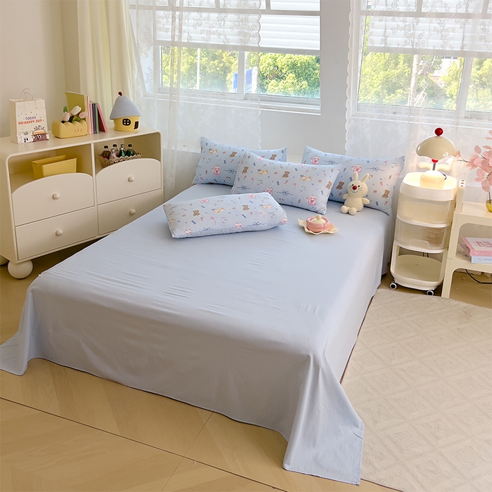 91家纺网 家纺一手货源 找家纺 优品阁 2025新款云感皱皱纱四件套 小猫时光-蓝