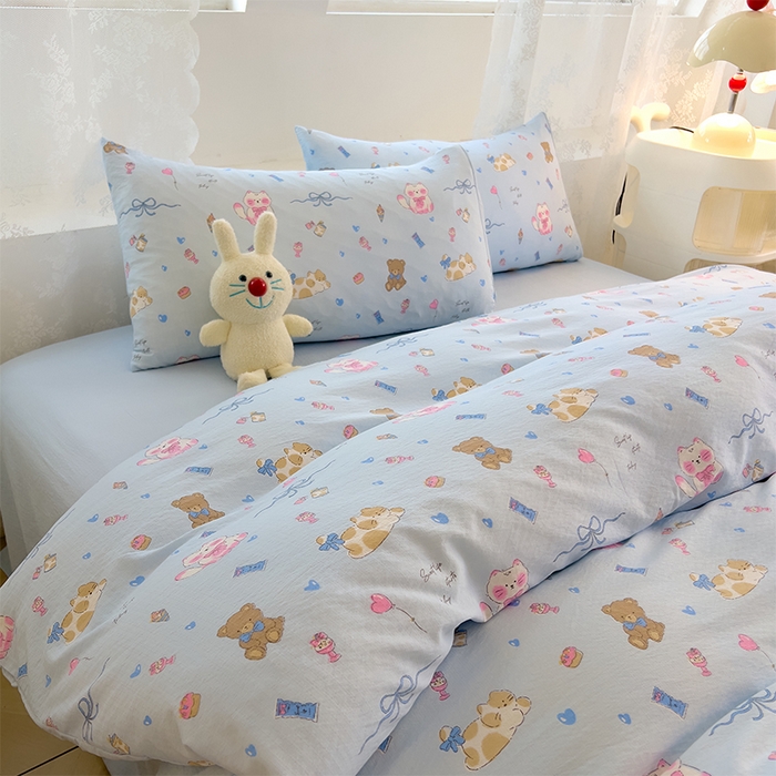 91家纺网 家纺一手货源 找家纺 优品阁 2025新款云感皱皱纱四件套 小猫时光-蓝