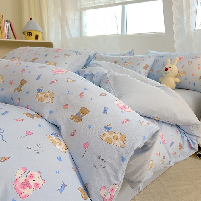 91家纺网 家纺一手货源 找家纺 优品阁 2025新款云感皱皱纱四件套 小猫时光-蓝