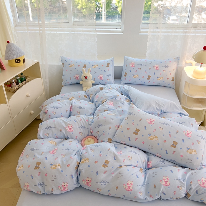 91家纺网 家纺一手货源 找家纺 优品阁 2025新款云感皱皱纱四件套 小猫时光-蓝