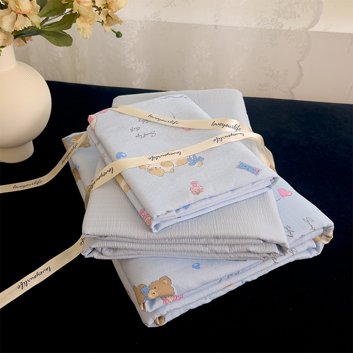 优品阁 2025新款云感皱皱纱四件套 小猫时光-蓝