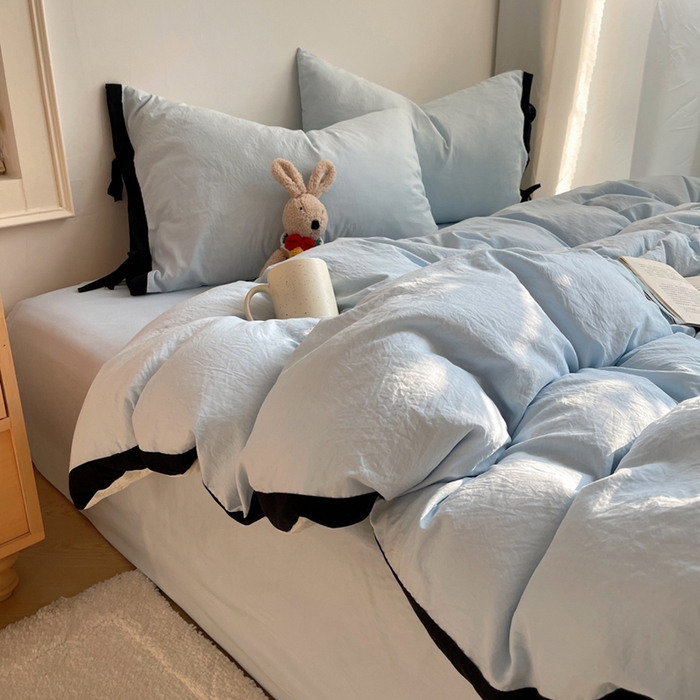 91家纺网 家纺一手货源 找家纺 （总）轻奢坊 2025新款水洗棉纯色撞色包边绑带款四件套