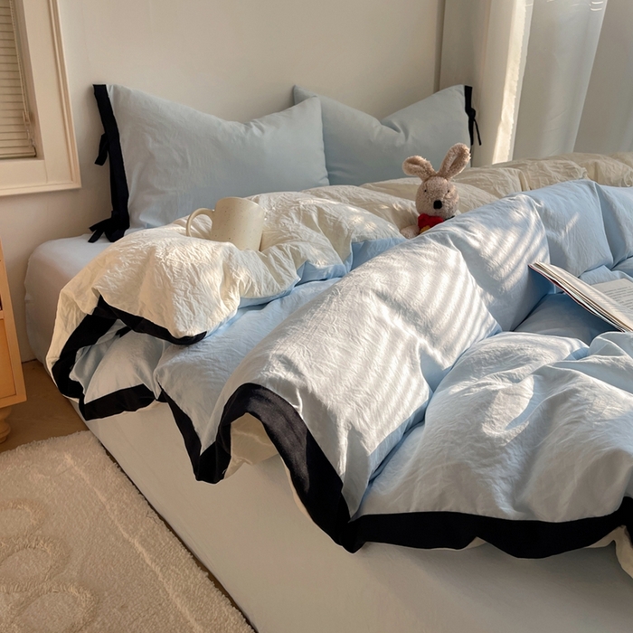 91家纺网 家纺一手货源 找家纺 （总）轻奢坊 2025新款水洗棉纯色撞色包边绑带款四件套