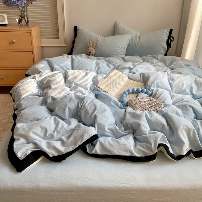 91家纺网 家纺一手货源 找家纺 （总）轻奢坊 2025新款水洗棉纯色撞色包边绑带款四件套