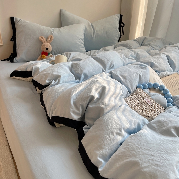 91家纺网 家纺一手货源 找家纺 （总）轻奢坊 2025新款水洗棉纯色撞色包边绑带款四件套