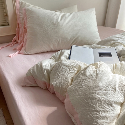 91家纺网 家纺一手货源 找家纺 （总）轻奢坊 2025新款水洗棉纯色撞色包边绑带款四件套