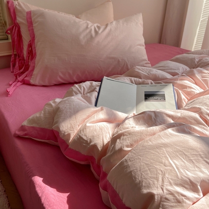 91家纺网 家纺一手货源 找家纺 （总）轻奢坊 2025新款水洗棉纯色撞色包边绑带款四件套