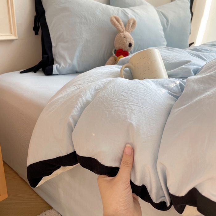 91家纺网 家纺一手货源 找家纺 （总）轻奢坊 2025新款水洗棉纯色撞色包边绑带款四件套