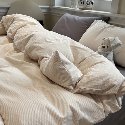 欣晴家纺 2025新款软糯水洗棉条格无印宜家风混搭三件套四件套（风格2） 混搭咖条