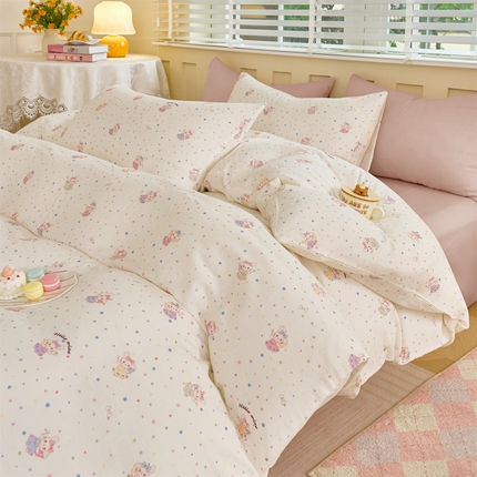 瑞米家居 2025新款A类全棉儿童双层纱四件套 萌萌小兔-米