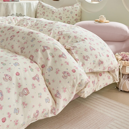 瑞米家居 2025新款A类全棉儿童双层纱四件套 喵喵花园-粉