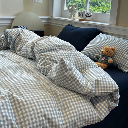 欣晴家纺 2025新款软糯水洗棉条格无印宜家风混搭三件套四件套（风格2） 混搭蓝格