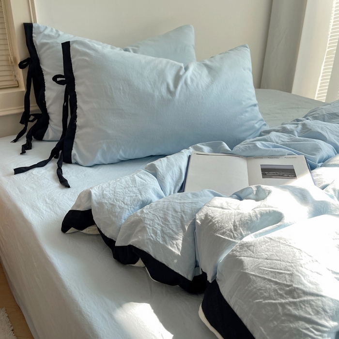 91家纺网 家纺一手货源 找家纺 （总）轻奢坊 2025新款水洗棉纯色撞色包边绑带款四件套