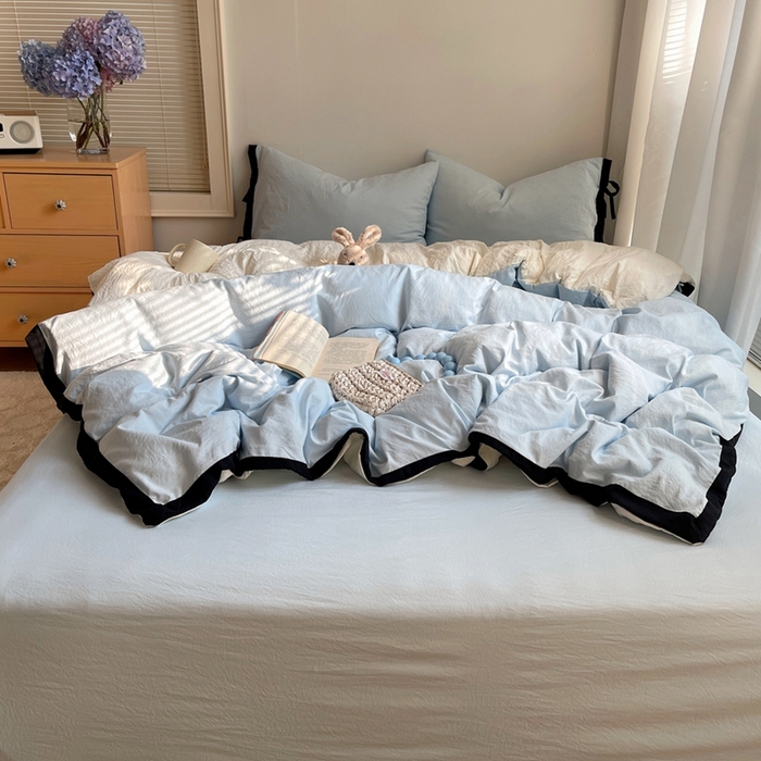 91家纺网 家纺一手货源 找家纺 （总）轻奢坊 2025新款水洗棉纯色撞色包边绑带款四件套