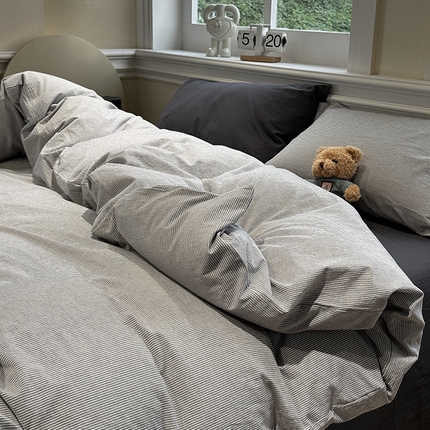 欣晴家纺 2025新款软糯水洗棉条格无印宜家风混搭三件套四件套（风格2） 混搭灰条