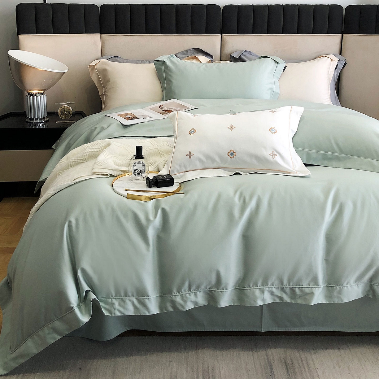 91家纺网 家纺一手货源 找家纺 乐美家纺 2025新款A类100支—简爱系列埋线工艺四件套 蒂芙尼绿