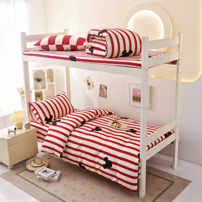 91家纺网 家纺一手货源 找家纺 启优家纺 2025新款13372全棉纯棉学生宿舍上下铺三件套 条纹米奇-红