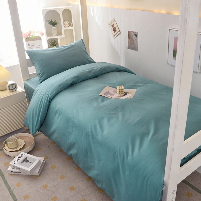 91家纺网 家纺一手货源 找家纺 启优家纺 2025新款13372全棉纯棉学生宿舍上下铺三件套 海茵蓝