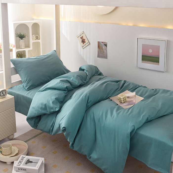 91家纺网 家纺一手货源 找家纺 启优家纺 2025新款13372全棉纯棉学生宿舍上下铺三件套 海茵蓝