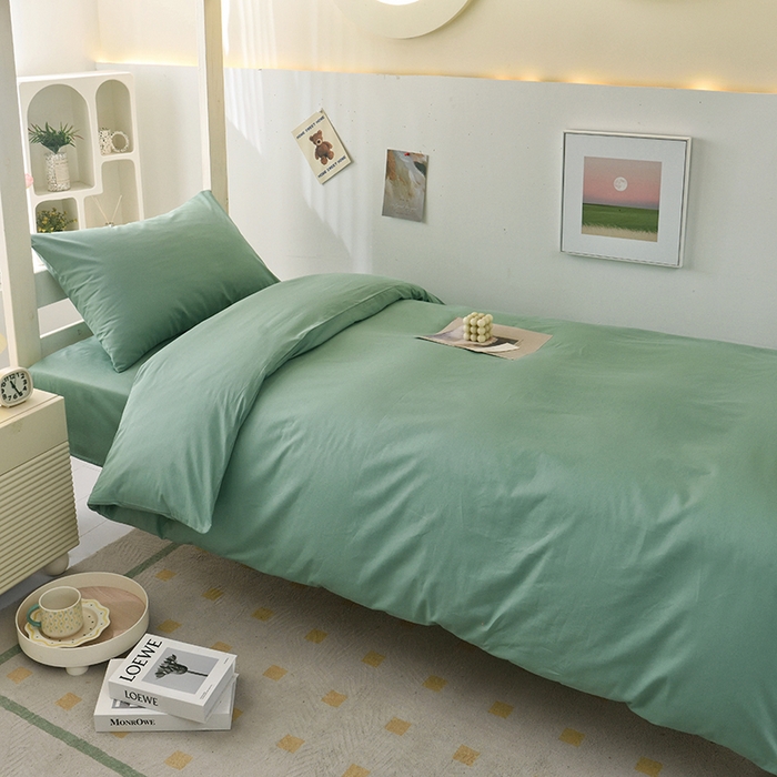 91家纺网 家纺一手货源 找家纺 启优家纺 2025新款13372全棉纯棉学生宿舍上下铺三件套 竹青