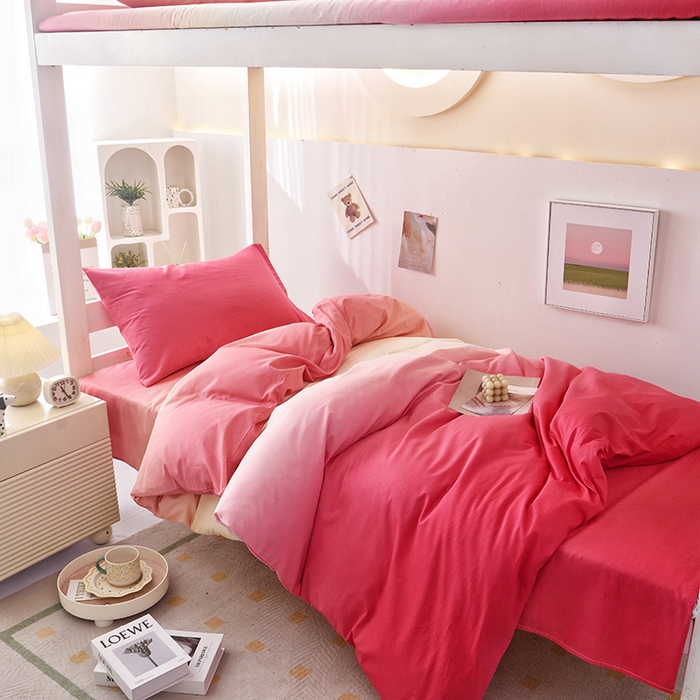 91家纺网 家纺一手货源 找家纺 启优家纺 2025新款13372全棉纯棉学生宿舍上下铺三件套 秘境-粉