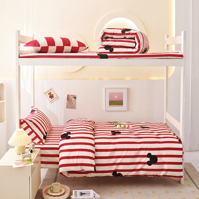 91家纺网 家纺一手货源 找家纺 启优家纺 2025新款13372全棉纯棉学生宿舍上下铺三件套 条纹米奇-红