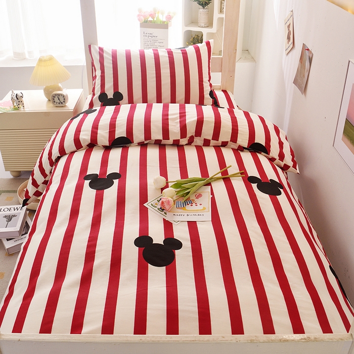 91家纺网 家纺一手货源 找家纺 启优家纺 2025新款13372全棉纯棉学生宿舍上下铺三件套 条纹米奇-红