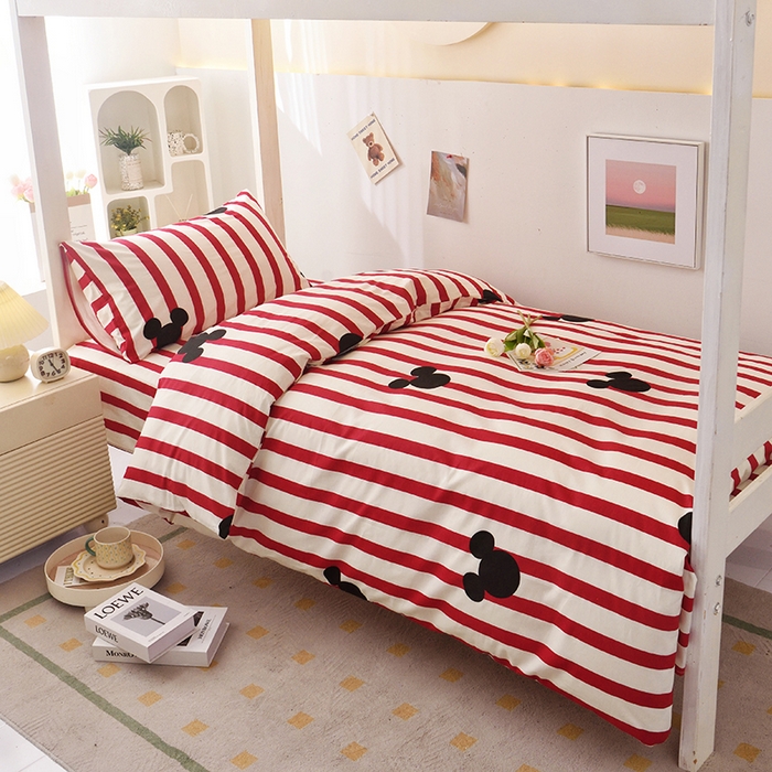 91家纺网 家纺一手货源 找家纺 启优家纺 2025新款13372全棉纯棉学生宿舍上下铺三件套 条纹米奇-红