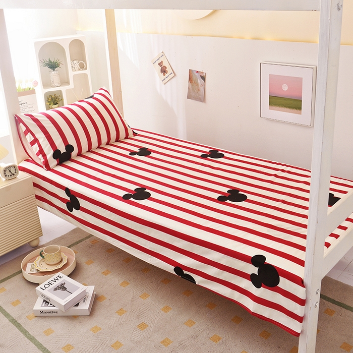 91家纺网 家纺一手货源 找家纺 启优家纺 2025新款13372全棉纯棉学生宿舍上下铺三件套 条纹米奇-红